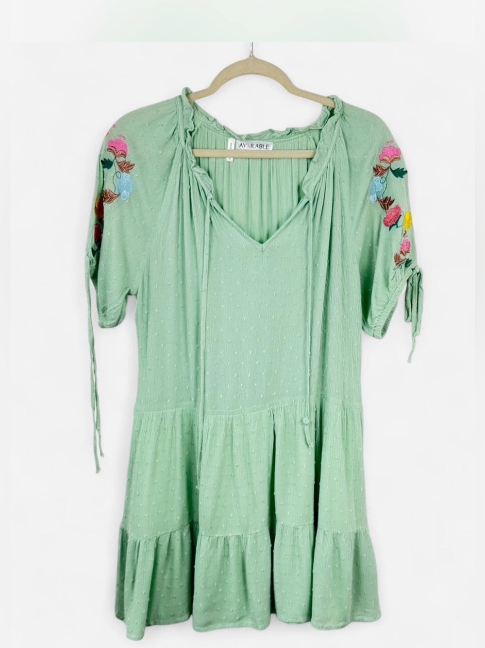 Available Mint Green Embroidered Swiss Dot Rayon Babydoll Dress Size M